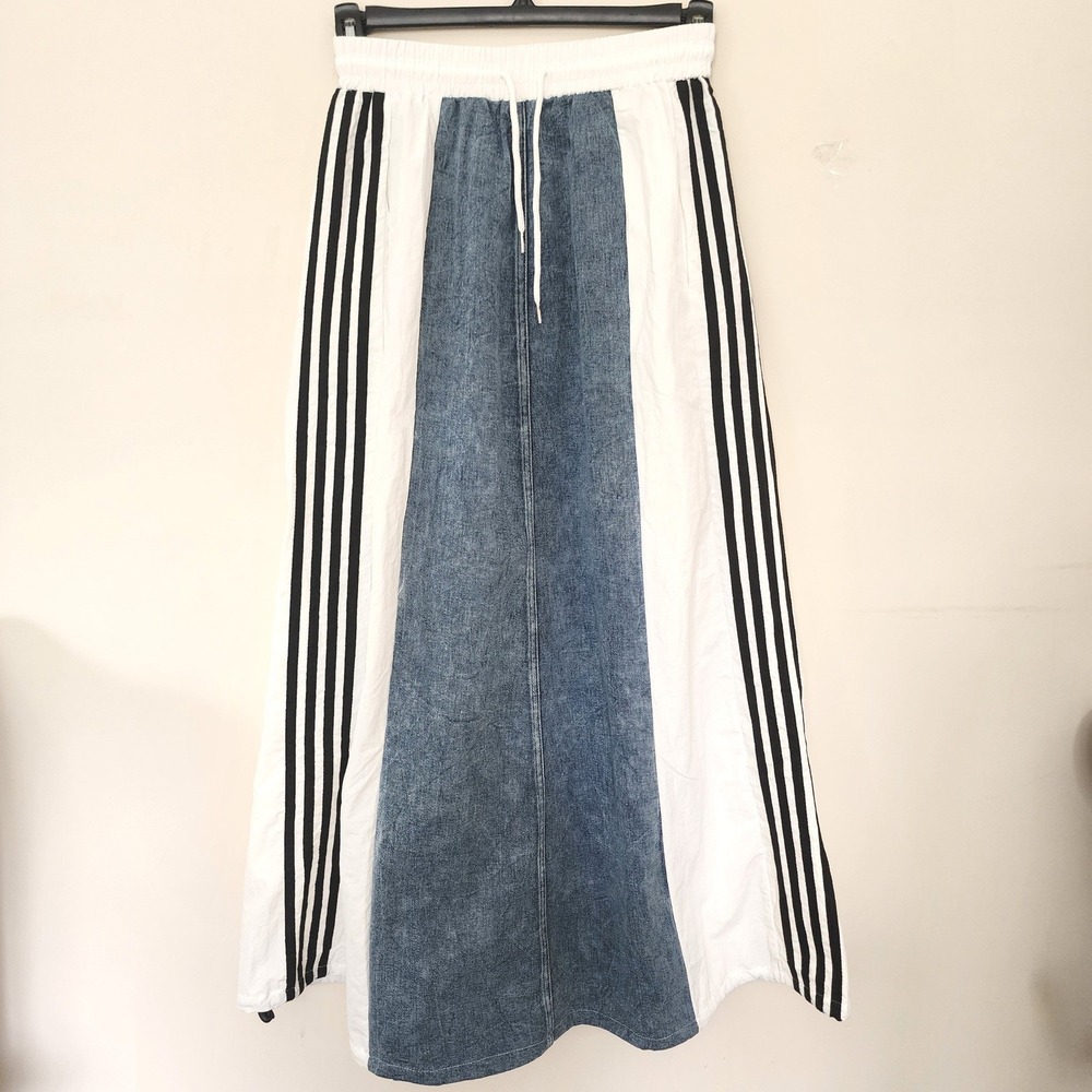 Denim and Track Stripe Mixed Media Maxi Skirt Blue White Sporty Streetwear
